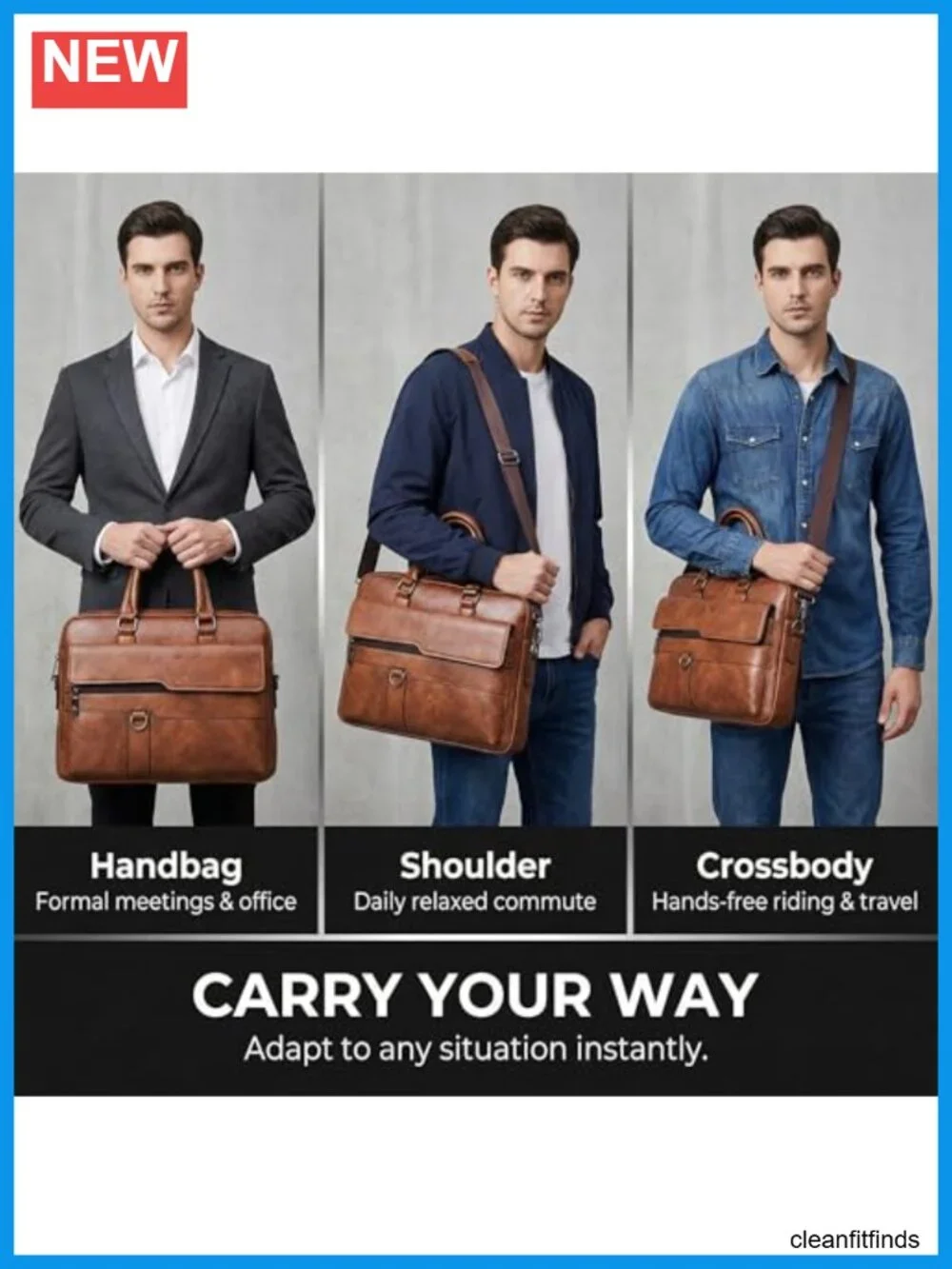 Men's Leather Laptop Bag 15 In Water-Resistant Briefcase Messenger for Work